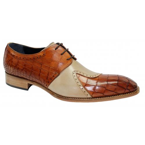 Duca Di Matiste "Valentano" Cognac/Beige Genuine Italian Calf Leather Crocodile Print Lace-Up Dress Shoes.